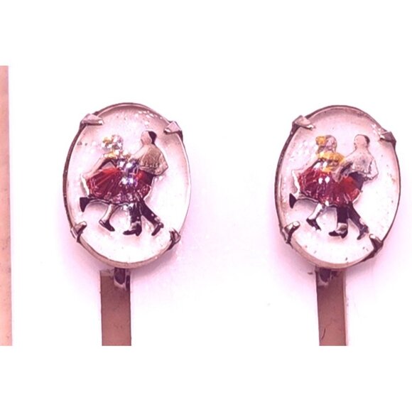Unique Vintage Glass Intaglio Dancing Couple Clip On Earrings - RARE - Picture 2 of 3